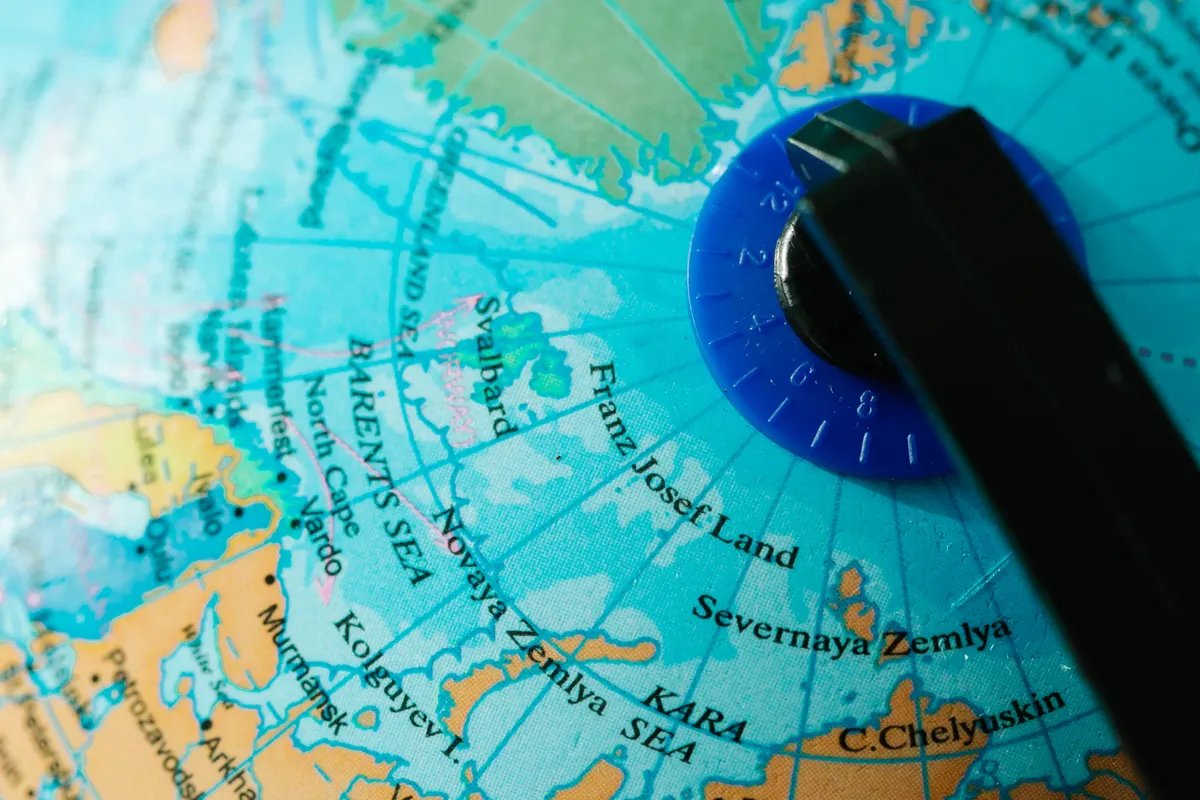 Globe showing northern latitudes around the Arctic